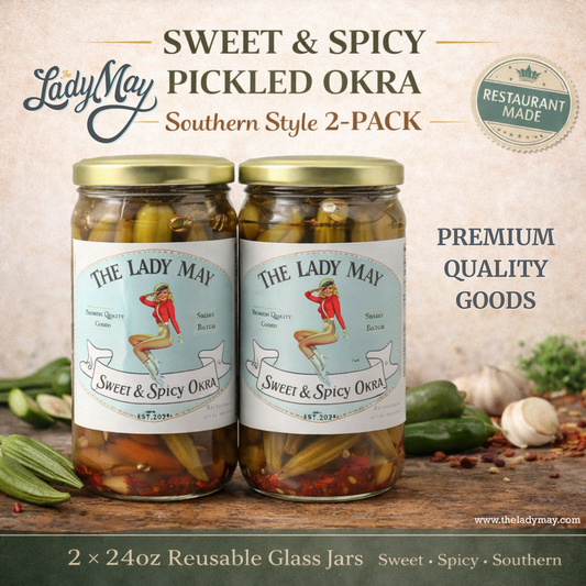 Lady May Sweet & Spicy Pickled Okra – 2 Pack (24oz Jars) – Southern Style Whole Fresh Okra Pods – Small Batch Restaurant Made – Sweet Heat with Jalapeño & Garlic