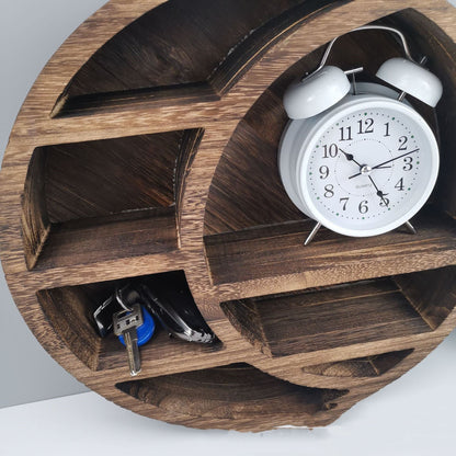 Wooden Round Moon Shelf - 3-Tier Circular Crescent Phase Floating Wall Rack