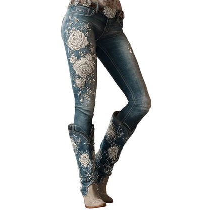 Womens Denim Jeans  Womens Trousers With Colorful 3D Floral Prints