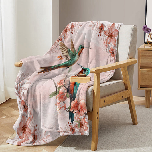 1pce Hummingbird Floral Fleece Throw Blanket Soft And Fluffy Multifunctional Outdoor Beach Camping Living Room Sofa Office Nap Printed Blanket