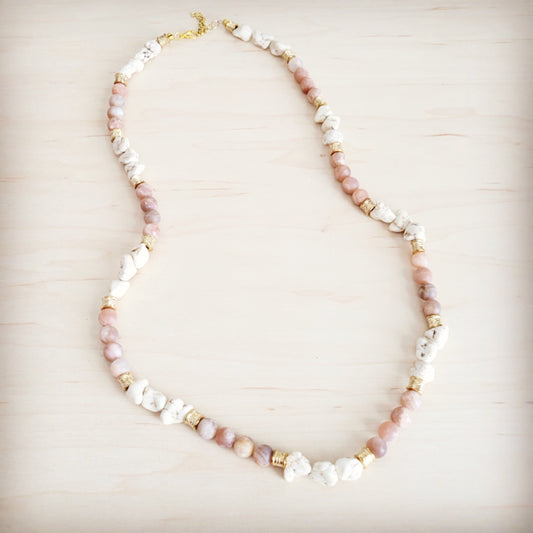 Frosted Sunstone & White Turquoise Long Layering Necklace 262o*