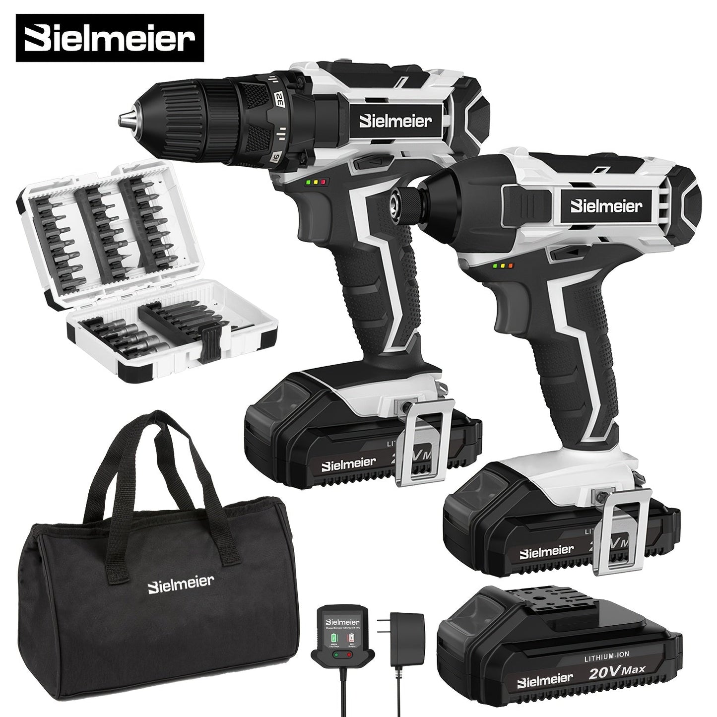 Bielmeier 20V 3/8" Drill And 1/4" Impact Driver Combo Kit, Featuring a Driving Speed of 3200RPM And a Drilling Speed of 1500RPM, Designed to Be Lightweight, with Two Speed Settings, Including 33pcs of Drive Bits And Sockets,