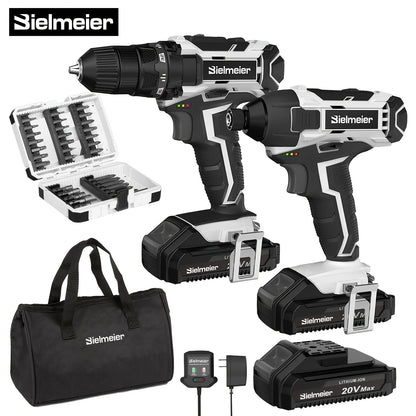 Bielmeier 20V 3/8" Drill And 1/4" Impact Driver Combo Kit, Featuring a Driving Speed of 3200RPM And a Drilling Speed of 1500RPM, Designed to Be Lightweight, with Two Speed Settings, Including 33pcs of Drive Bits And Sockets,