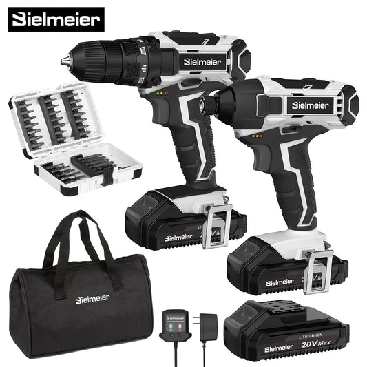 Bielmeier 20V 3/8" Drill And 1/4" Impact Driver Combo Kit, Featuring a Driving Speed of 3200RPM And a Drilling Speed of 1500RPM, Designed to Be Lightweight, with Two Speed Settings, Including 33pcs of Drive Bits And Sockets,