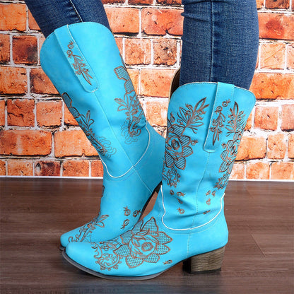 Womens Mid-Calf Boots With Embroidery Ethnic Style And A Comfortable Mid-Heel