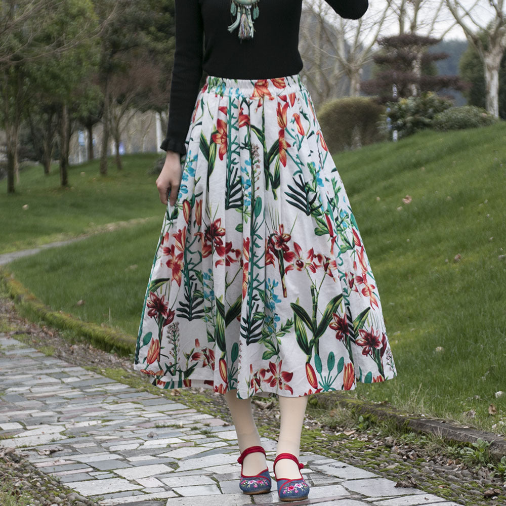 Women's New Ethnic Print Cotton Linen Skirt