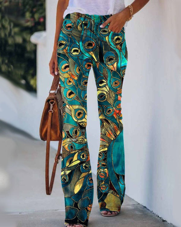 Womens 3D Patterned Flare Jeans - Artistic Printed High-Waisted Denim Trousers