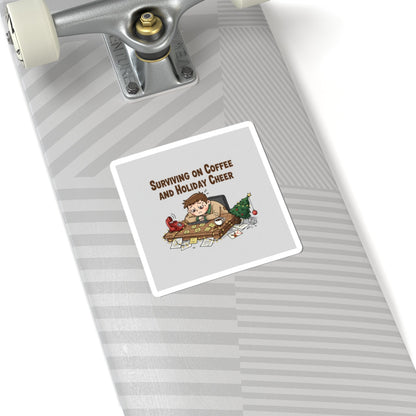 Surviving on Coffee and Holiday Cheer Sticker | Holiday Burnout Meme, festive but tired