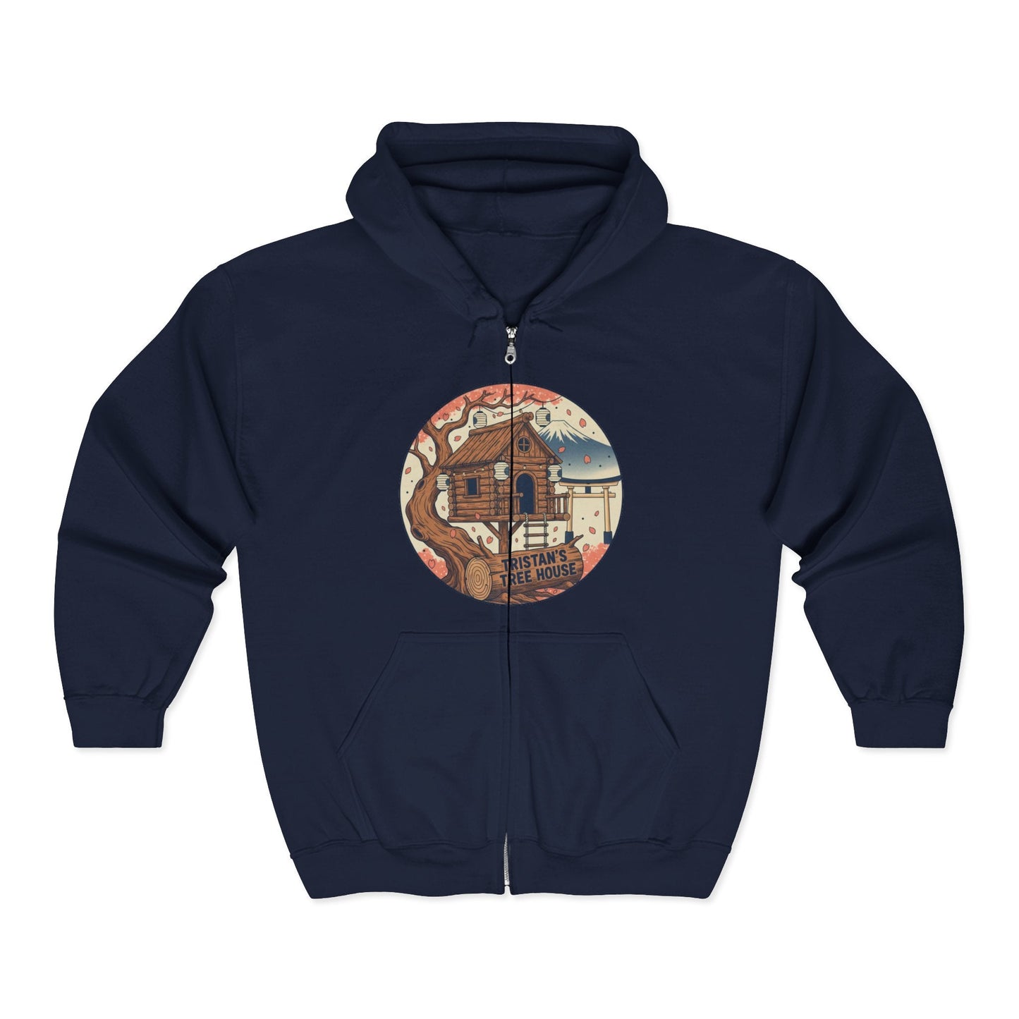 Cabin Vibes Zip Hoodie —Tristan’s Treehouse  Rustic Lakeside Circle Illustration