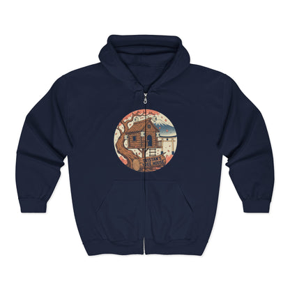 Cabin Vibes Zip Hoodie —Tristan’s Treehouse  Rustic Lakeside Circle Illustration
