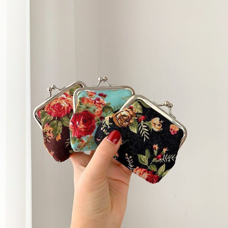 Retro Mini Canvas Coin Purse - Vintage Floral Plaid Small Zipper Wallet Organizer