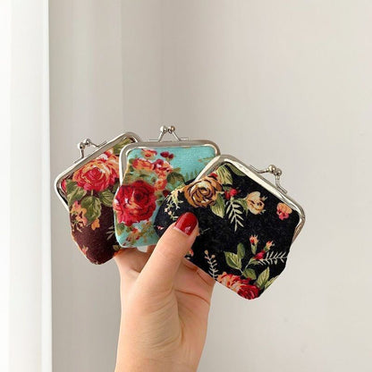 Retro Mini Canvas Coin Purse - Vintage Floral Plaid Small Zipper Wallet Organizer
