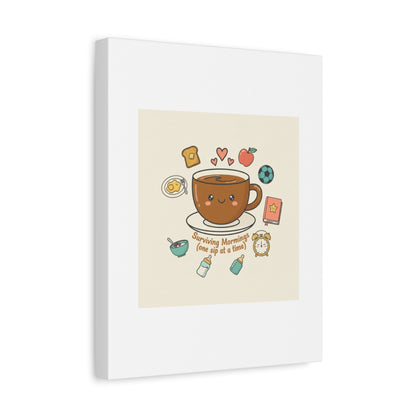 Surviving Mornings (One Sip at a Time) Canvas | Parenting Morning Humor, Coffee & Kids