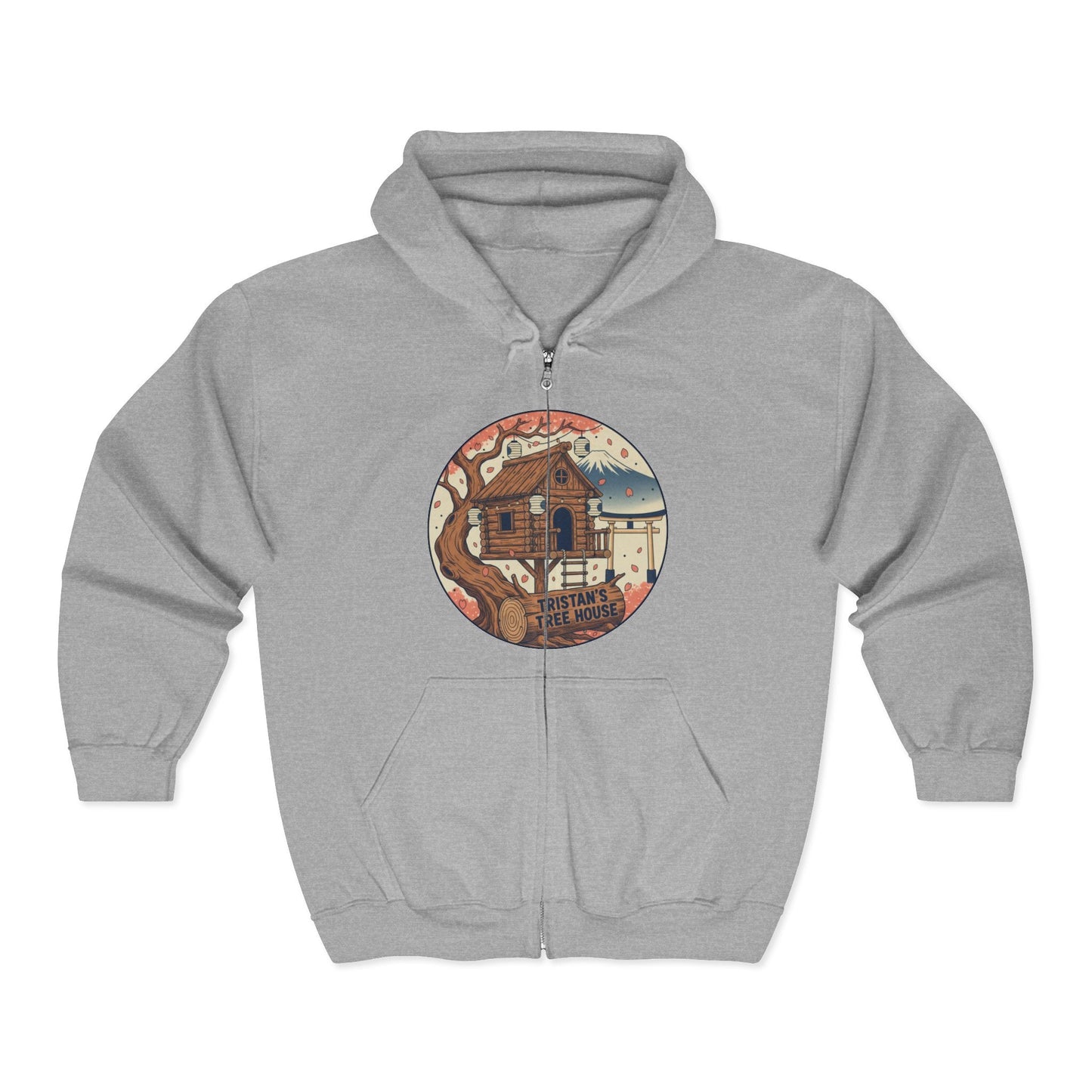 Cabin Vibes Zip Hoodie —Tristan’s Treehouse  Rustic Lakeside Circle Illustration