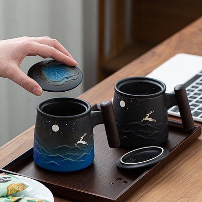 Large capacity tea cup with filter cover and starry sky pattern
