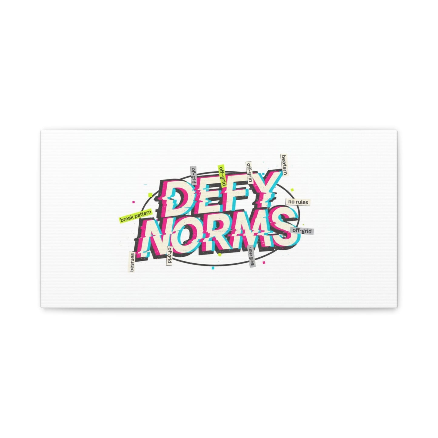 Defy Norms Canvas, Anti-Aesthetic Glitch Typography, Brutalist Poster Style
