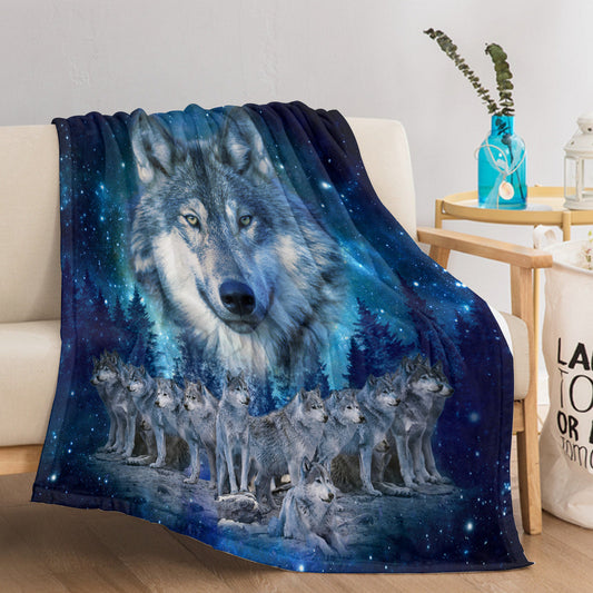1pc Starry Wolf Pack Soft Printed Flannel Sofa Blanket Comfortable And Warm Home Use Suitable For Bed Sofa Camping And Multi Scene Seasonal Use