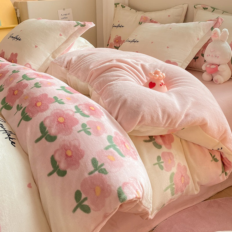 Winter Thickening Milk Fiber Bed Four-piece Coral Velvet Quilt Cover Flange Double-sided Bed Sheet Three-piece Bedding