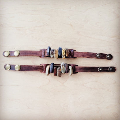 Genuine Leather Narrow Cuff with Picasso Jasper Stones 005h