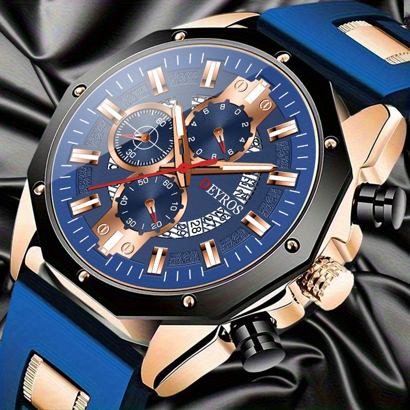 Men's Business Quartz Watch with Calendar | Durable Silicone Strap, Blue & Golden-Tone Business Casual Watch, Ideal Gift for Him