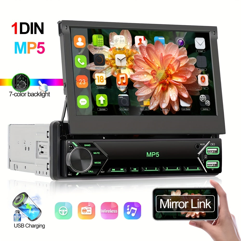 7" HD Retractable Touch Screen Car Stereo - Single Din MP5 Player with Mirror Link