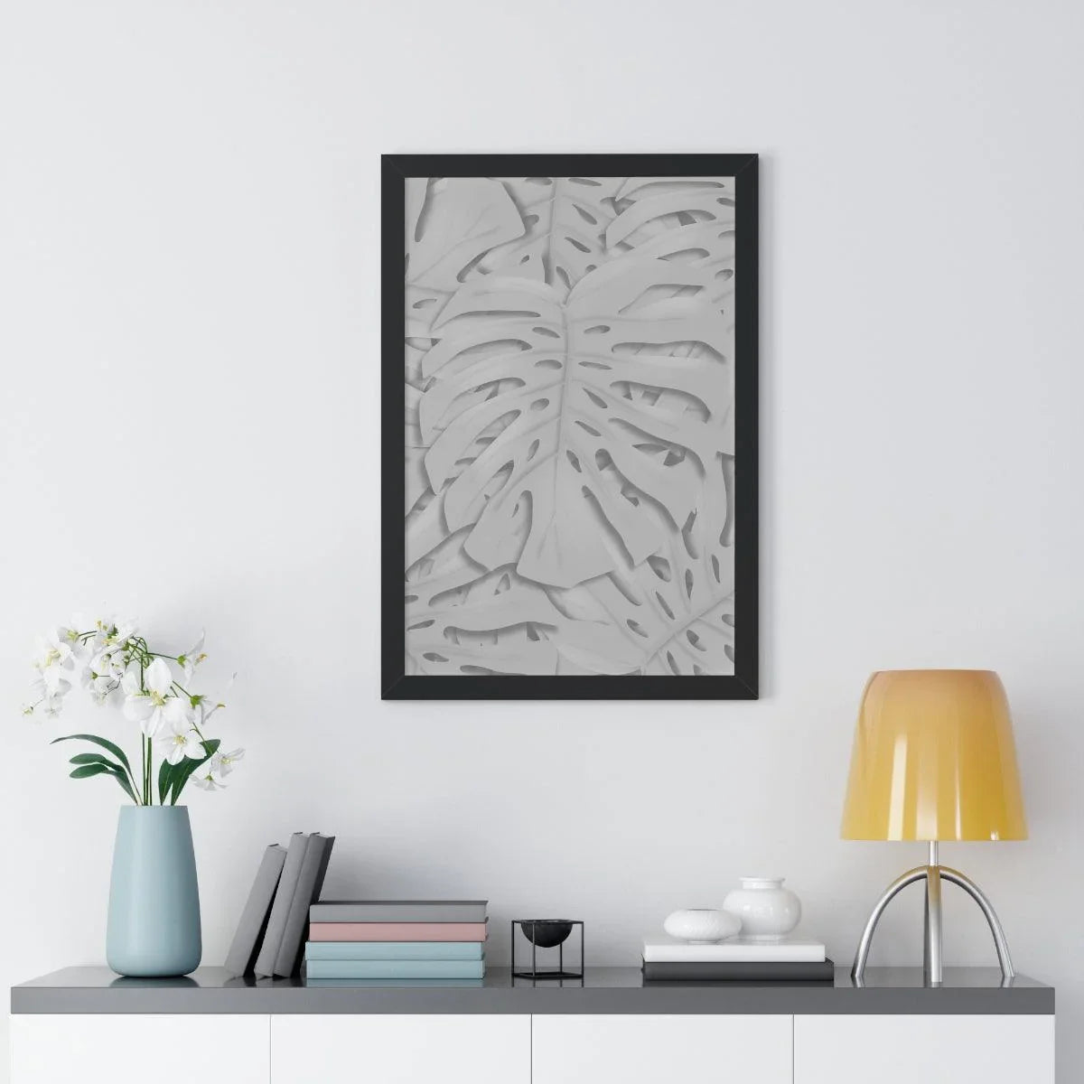 Soft Grey Monstera Framed Print – Botanical Wall Art