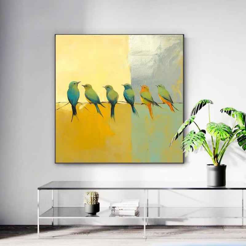 Hand-painted Abstract Oil Paintings Birds On A Silver Yellow Background  Modern Minimalist Animal Wall Art In The Living Room Entryway Decor
