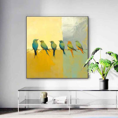 Hand-painted Abstract Oil Paintings Birds On A Silver Yellow Background  Modern Minimalist Animal Wall Art In The Living Room Entryway Decor