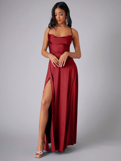 Summer Sexy Slimming Backless Strap Long Split Dress Women's Fashion High Waist Belted Gown V-neck