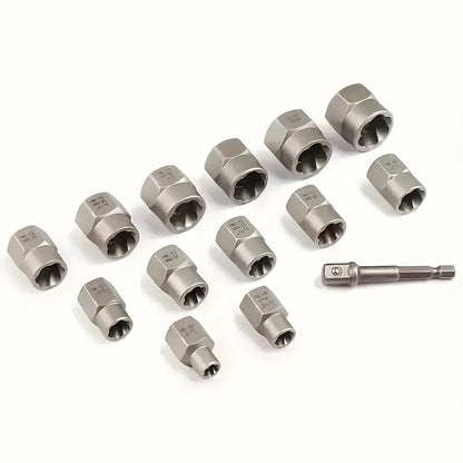 YCUPUP Nut Extractor Kit 14pcs Nut Removal Tool With 13 Bolts And Nut Removers, 1 Hex Socket Adapter For 1/4" To 3/8" Drives