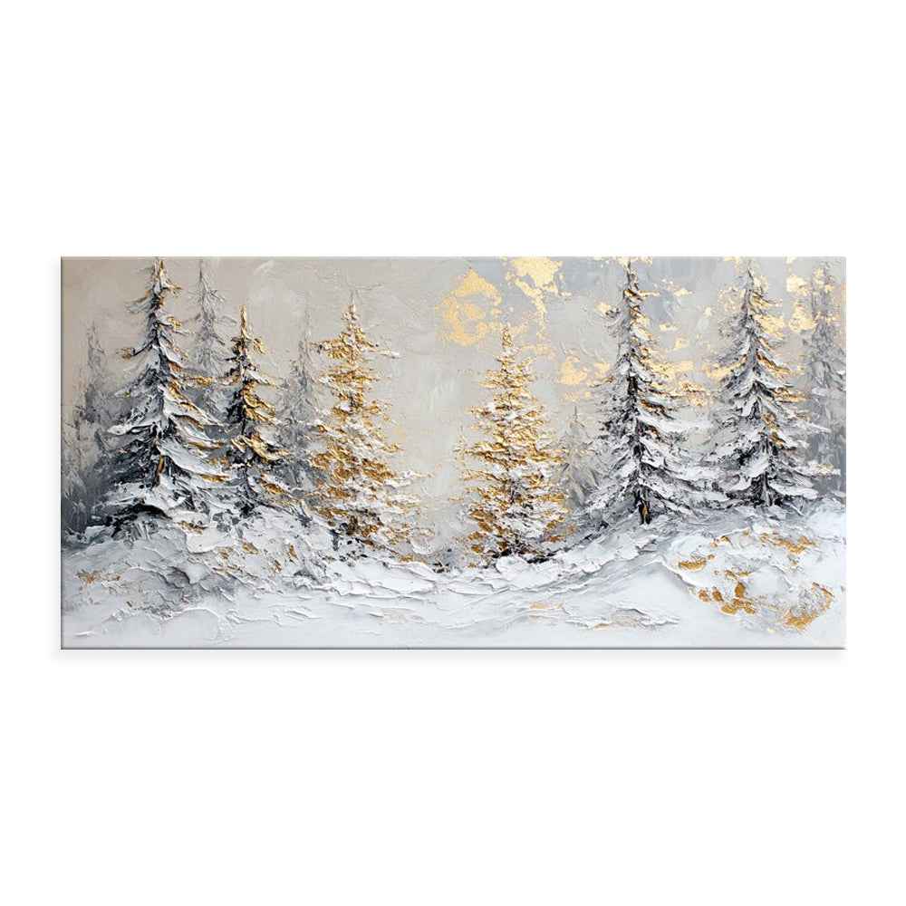 Handmade Oil Painting Canvas Wall Art Decoration Christmas Snowy Winter Scene Golden Pine Trees For Home Decor Rolled Frameless Unstretched Painting