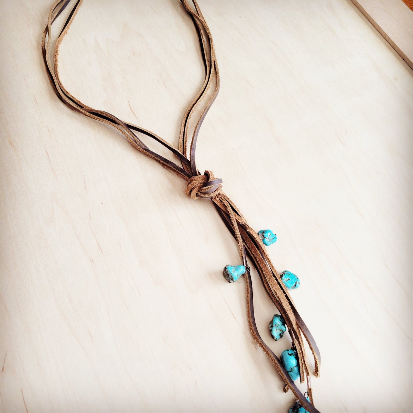 Rustic Knotted Leather Cord Necklace with Turquoise 263g