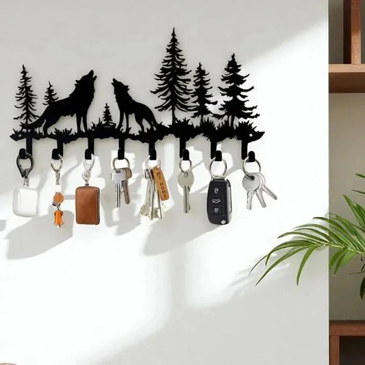 Rustic Mountain Key Holder: Metal Wolf & Forest Wall Organizer