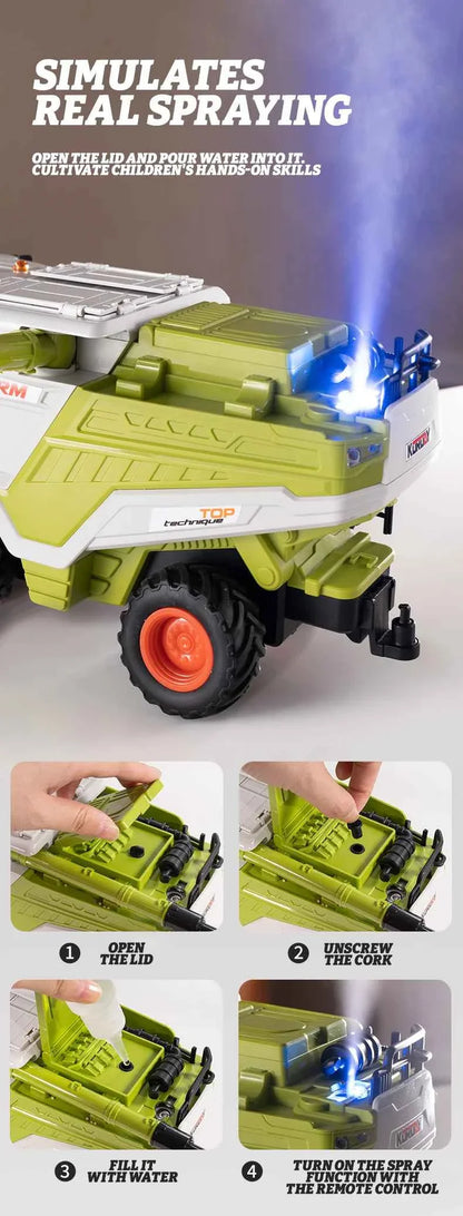 RC Farm Tractor Toy 2.4G Remote Control Combine Harvester Truck with Sounds Lights & Spray 1:24 High Simulation Toddlers Vehicle