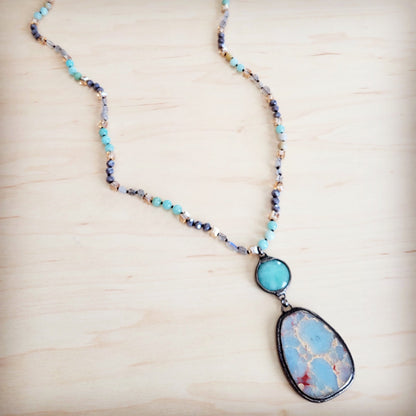 **Amazonite & Crystal Long Beaded Necklace w/ Large Jasper Pendant 262q