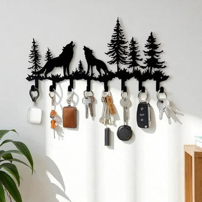 Rustic Mountain Key Holder: Metal Wolf & Forest Wall Organizer