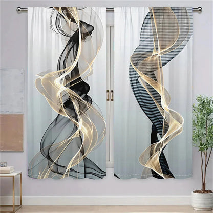 2 Pcs Abstract Art Curtains Black Gold Streamline Pattern Living Room Bedroom Window Decorative Curtains Modern Minimalist Style