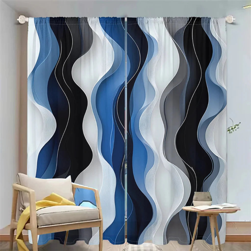 2Pcs Modern Wave Curtains 3D Blue White Black Curve Pattern Living Room Bedroom Balcony Sunshade Abstract Art Decor Curtains