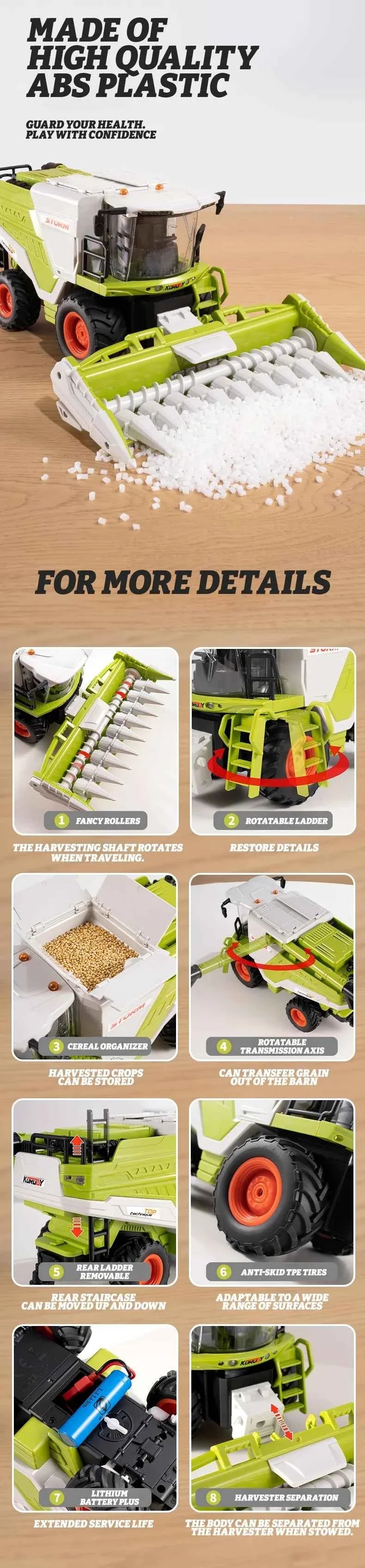 RC Farm Tractor Toy 2.4G Remote Control Combine Harvester Truck with Sounds Lights & Spray 1:24 High Simulation Toddlers Vehicle