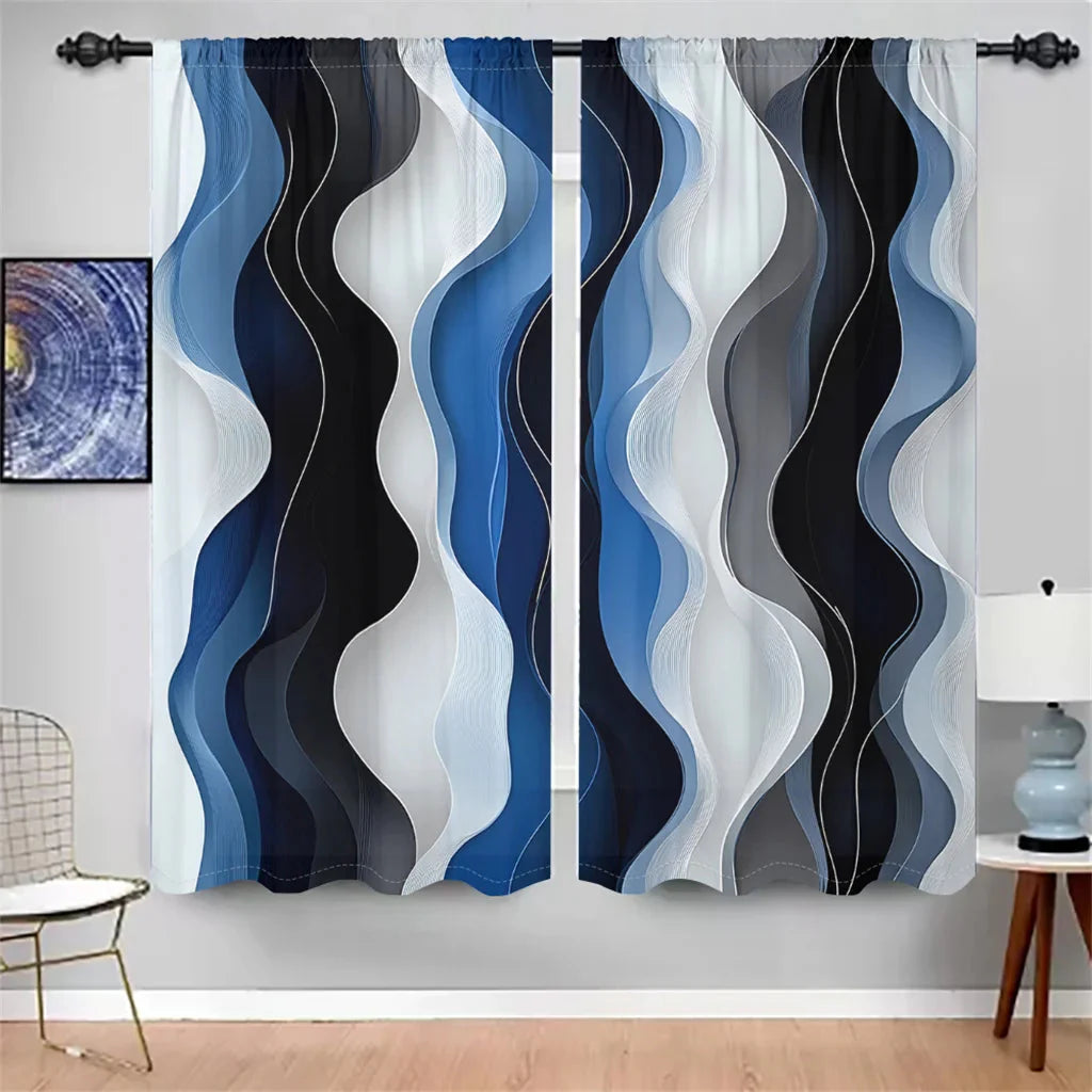 2Pcs Modern Wave Curtains 3D Blue White Black Curve Pattern Living Room Bedroom Balcony Sunshade Abstract Art Decor Curtains