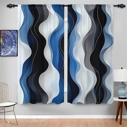 2Pcs Modern Wave Curtains 3D Blue White Black Curve Pattern Living Room Bedroom Balcony Sunshade Abstract Art Decor Curtains