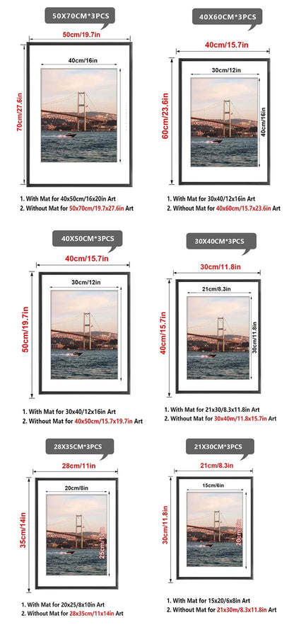 3pcs 30x40 50x70cm Picture Frames Aluminum Modern Photo Frame Black With Mat For Wall Art Mounting Canvas Print Home Decor