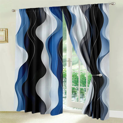 2Pcs Modern Wave Curtains 3D Blue White Black Curve Pattern Living Room Bedroom Balcony Sunshade Abstract Art Decor Curtains