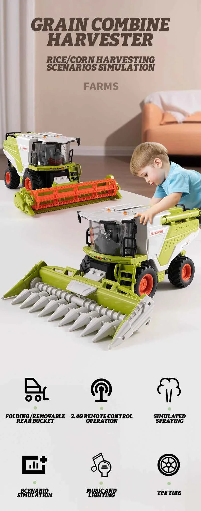 RC Farm Tractor Toy 2.4G Remote Control Combine Harvester Truck with Sounds Lights & Spray 1:24 High Simulation Toddlers Vehicle