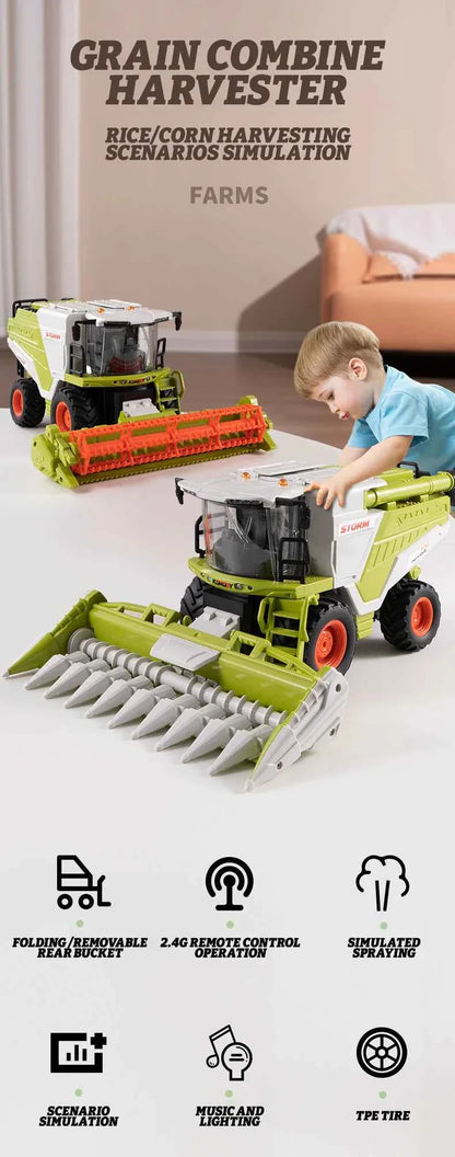 RC Farm Tractor Toy 2.4G Remote Control Combine Harvester Truck with Sounds Lights & Spray 1:24 High Simulation Toddlers Vehicle
