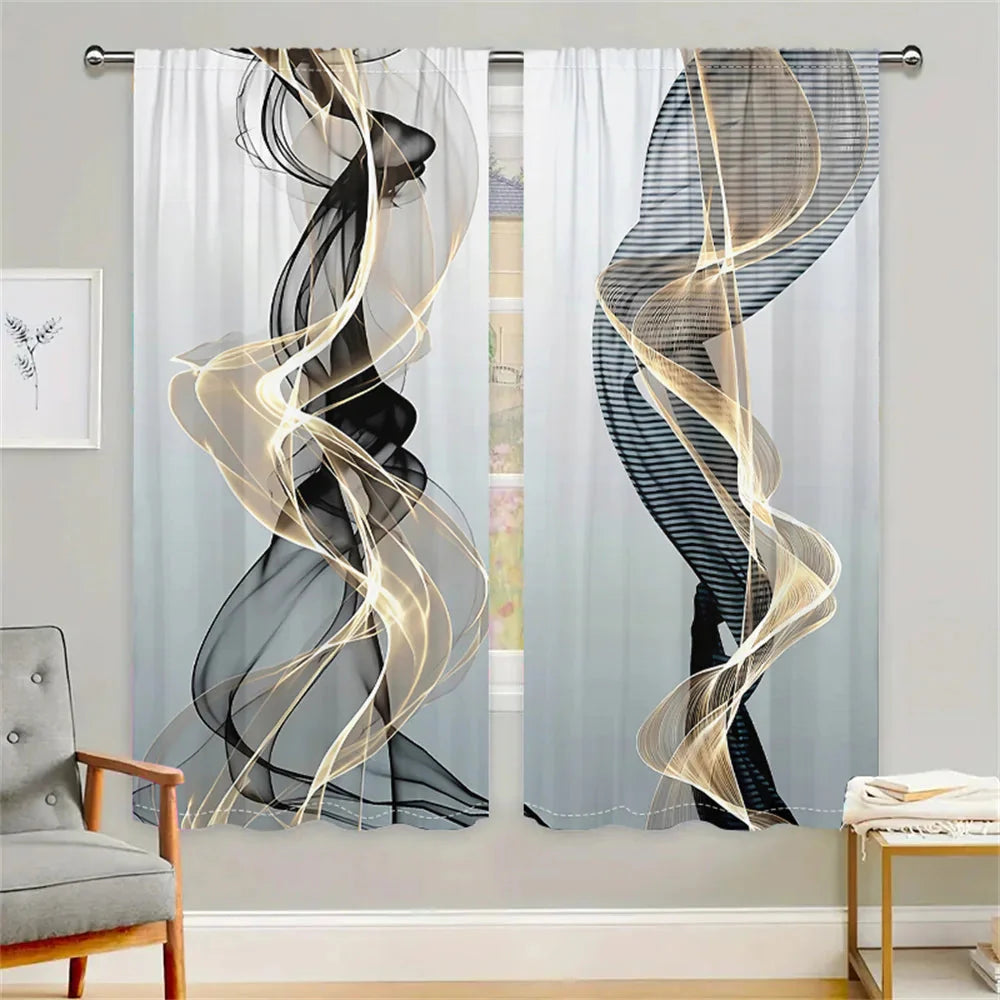 2 Pcs Abstract Art Curtains Black Gold Streamline Pattern Living Room Bedroom Window Decorative Curtains Modern Minimalist Style