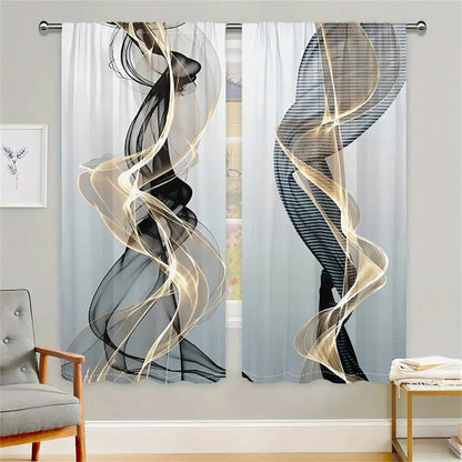 2 Pcs Abstract Art Curtains Black Gold Streamline Pattern Living Room Bedroom Window Decorative Curtains Modern Minimalist Style