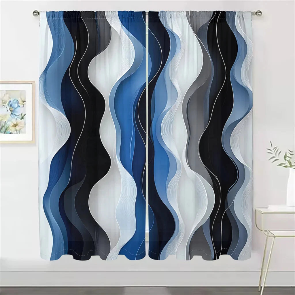 2Pcs Modern Wave Curtains 3D Blue White Black Curve Pattern Living Room Bedroom Balcony Sunshade Abstract Art Decor Curtains