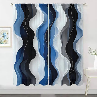 2Pcs Modern Wave Curtains 3D Blue White Black Curve Pattern Living Room Bedroom Balcony Sunshade Abstract Art Decor Curtains