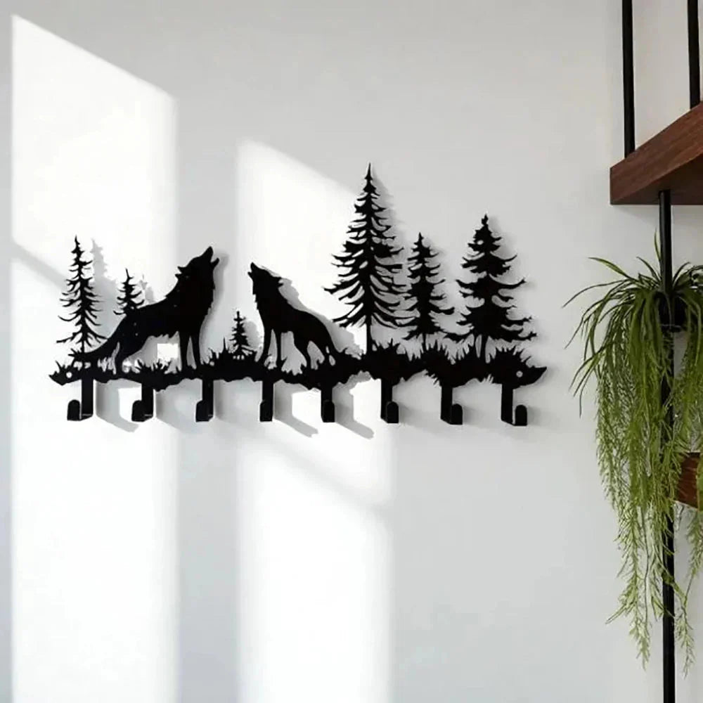 Rustic Mountain Key Holder: Metal Wolf & Forest Wall Organizer